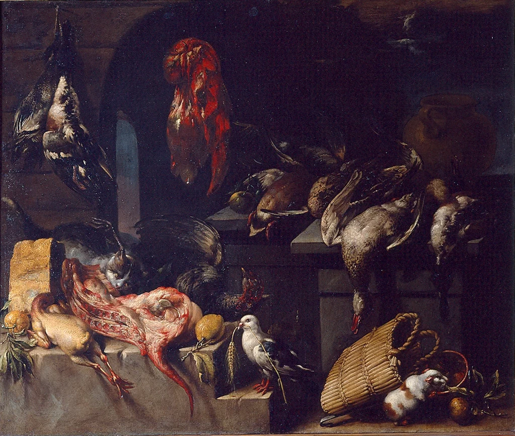 Dispensa con selvaggina, punta di formaggio, limoni, gatto, colomba e porcellino d'India - Palazzo della Pilotta, Parma